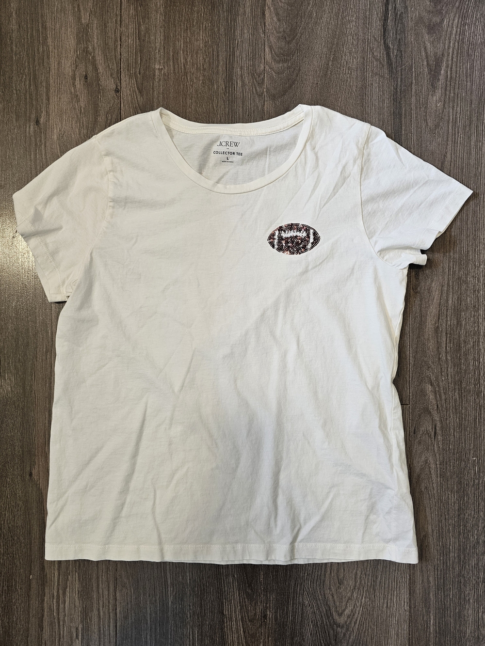 J. Crew White Short-Sleeve Crewneck Tee with Sequin Football Patch